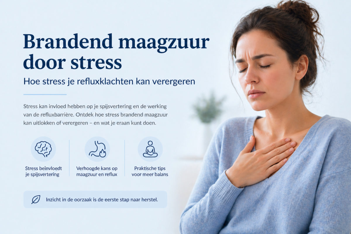 Vrouw met hand op borst door brandend maagzuur veroorzaakt door stress en spanning