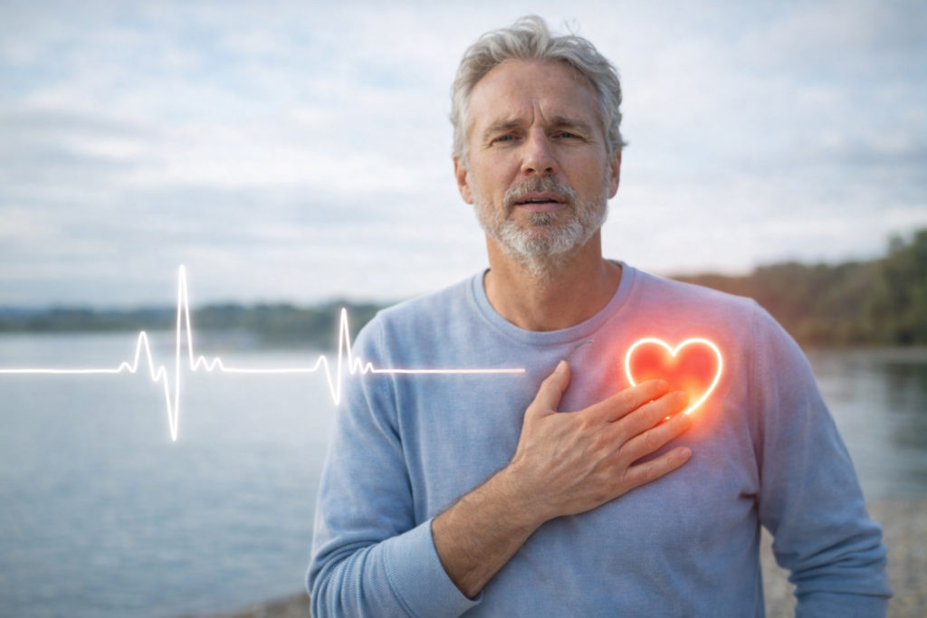Man met hand op borst en visualisatie van hartslag bij klachten van brandend maagzuur en reflux