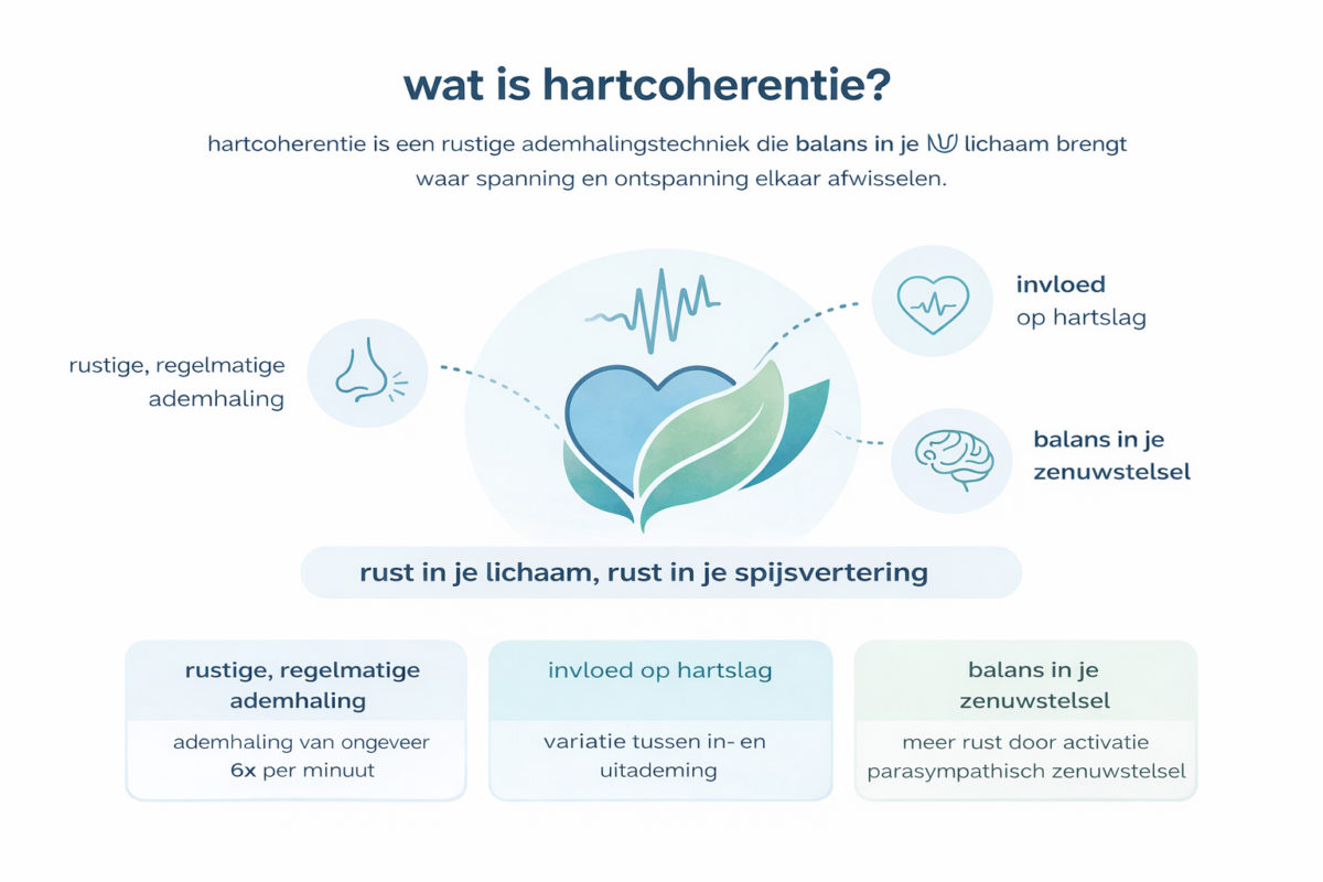 Infographic over hartcoherentie met rustige ademhaling en invloed op hartslag en zenuwstelsel bij stress en reflux