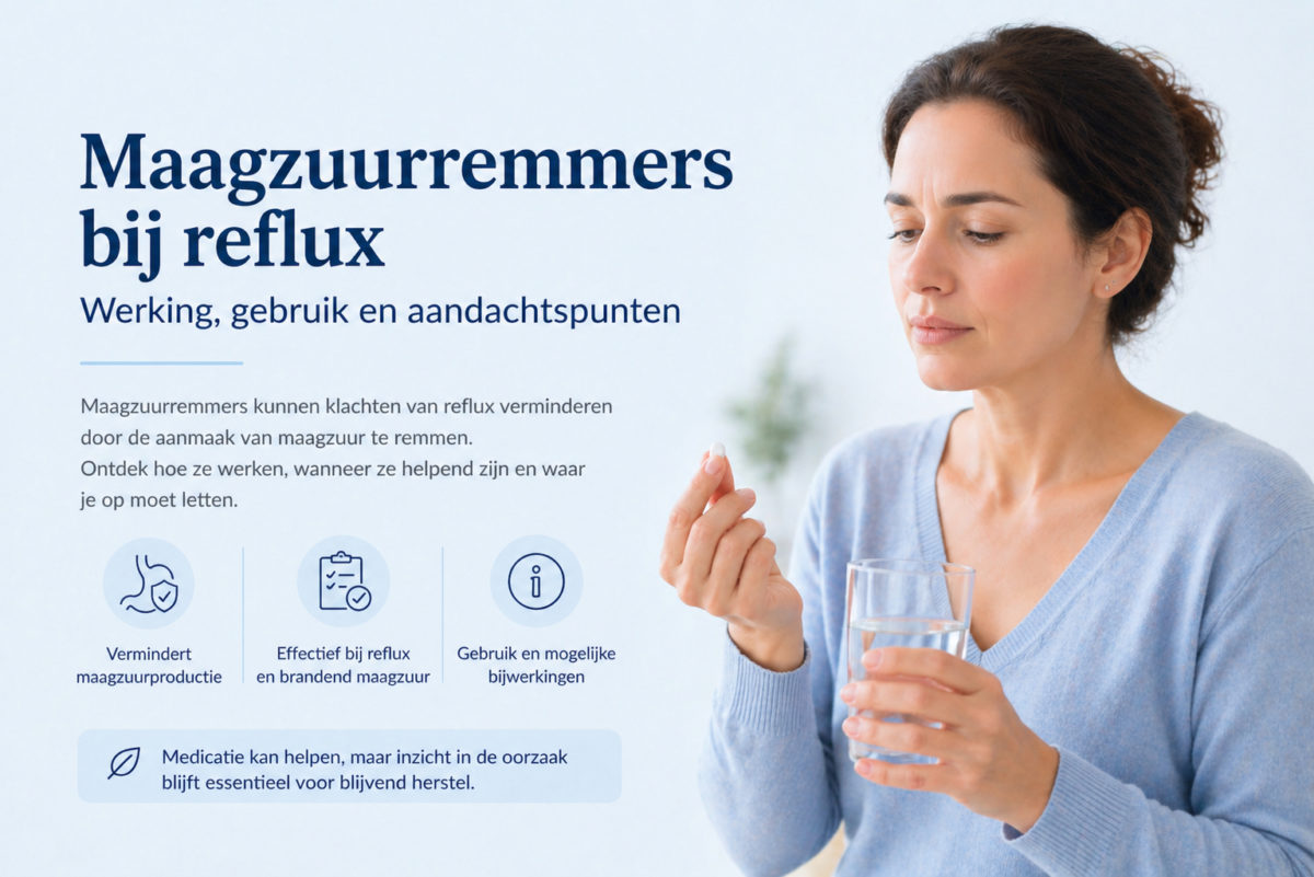 Vrouw neemt maagzuurremmer met glas water bij klachten van brandend maagzuur en reflux