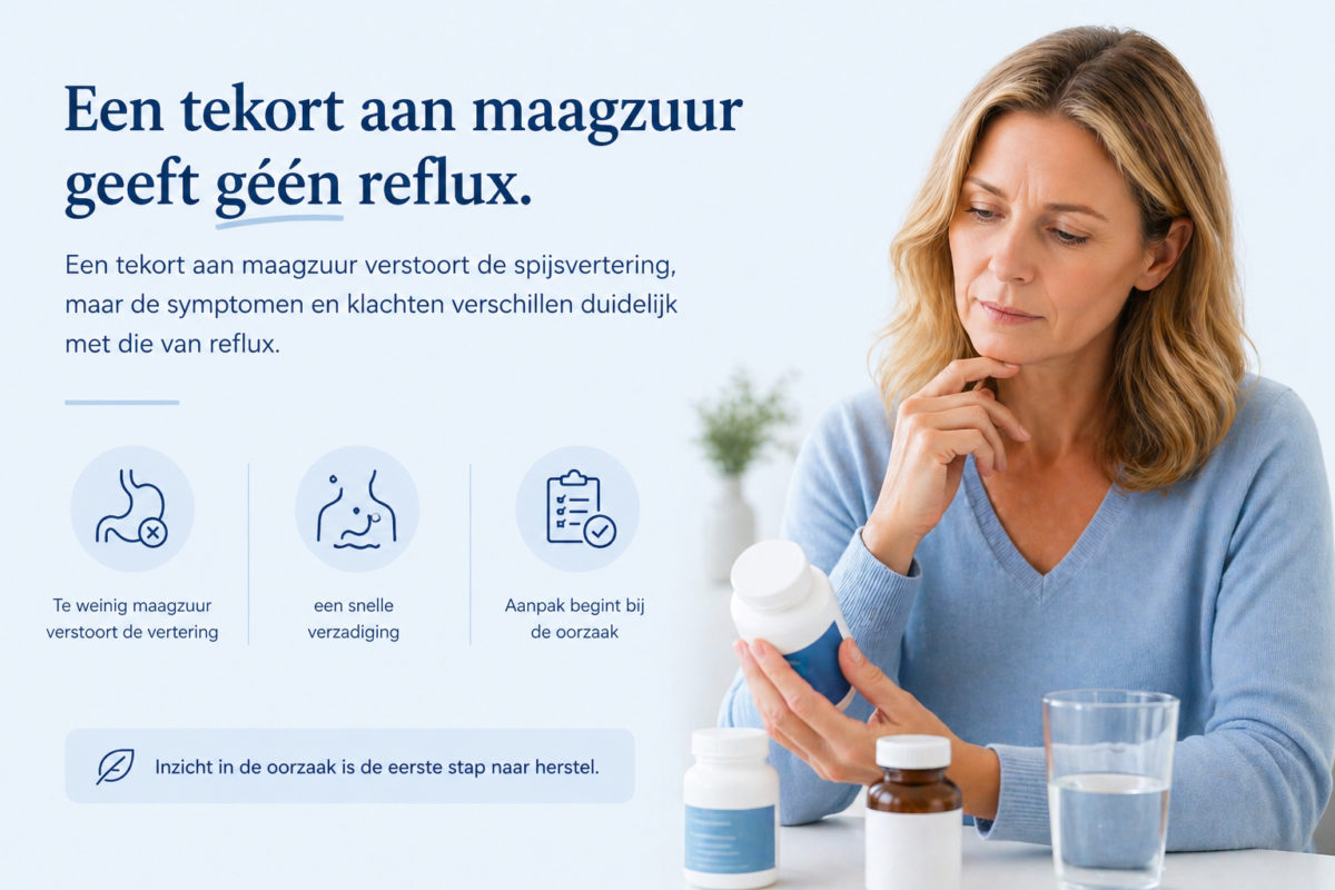 Vrouw bekijkt supplementen met uitleg dat een tekort aan maagzuur geen reflux veroorzaakt maar de spijsvertering verstoort