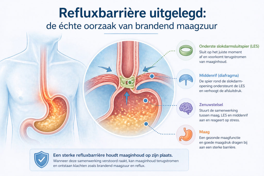 Infographic van de refluxbarrière met LES, middenrif en maag als oorzaak van brandend maagzuur en reflux
