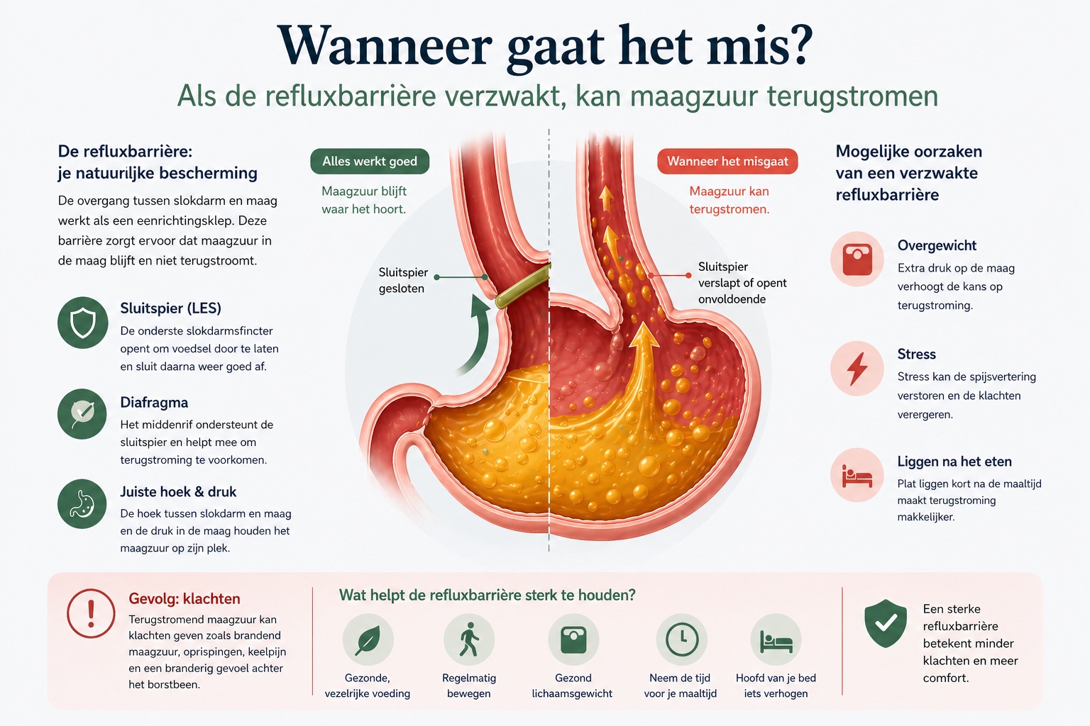 Verzwakte refluxbarrière waardoor maagzuur terugstroomt in de slokdarm en klachten veroorzaakt