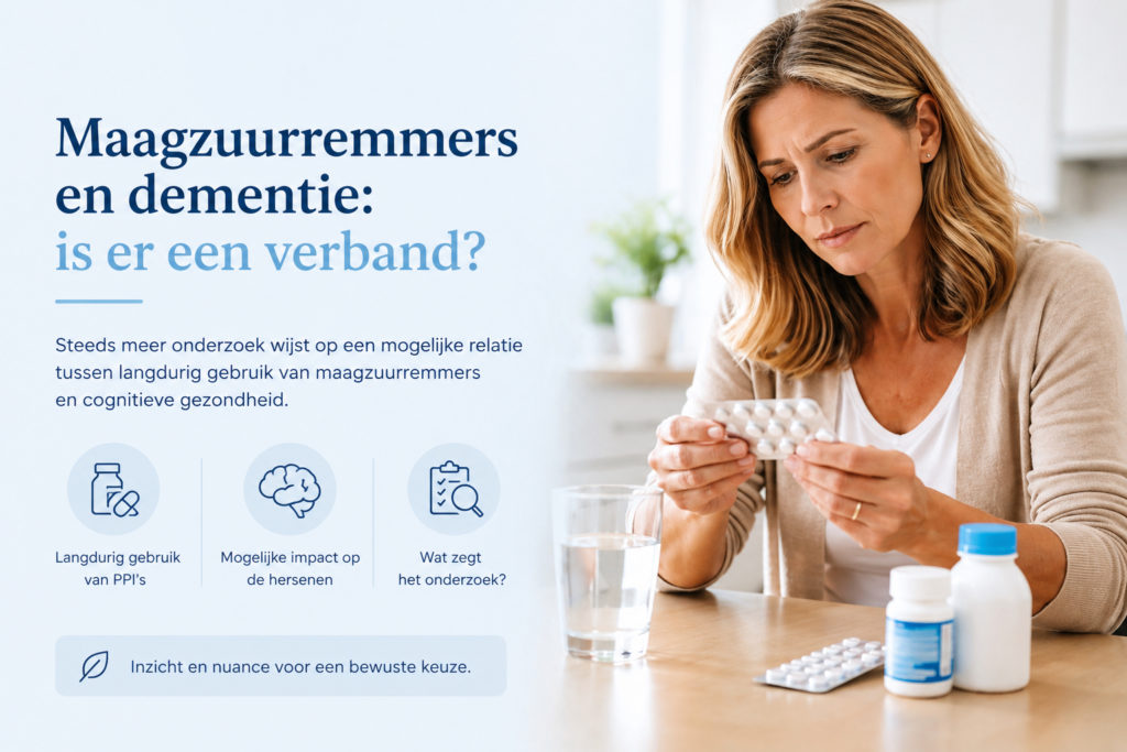 Vrouw bekijkt medicijnen en twijfelt over langdurig gebruik van maagzuurremmers bij reflux