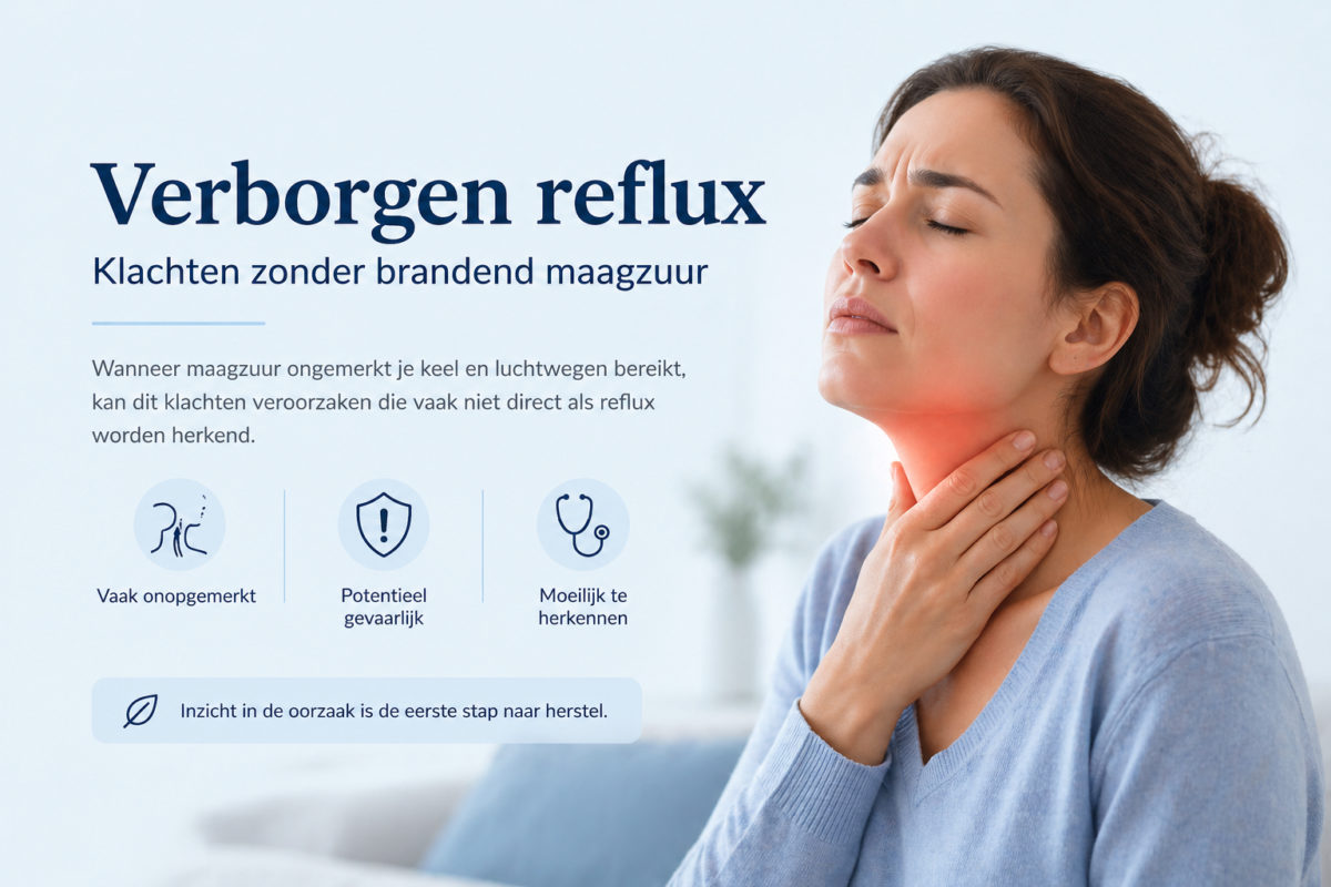 Vrouw met keelklachten door verborgen reflux zonder brandend maagzuur
