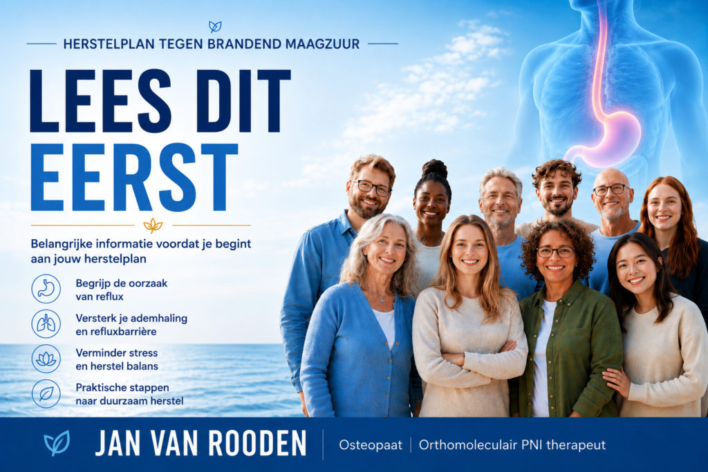 Cover van het herstelplan tegen brandend maagzuur met uitleg over de refluxbarrière, ademhaling, stressvermindering en duurzaam herstel zonder focus op medicatie.