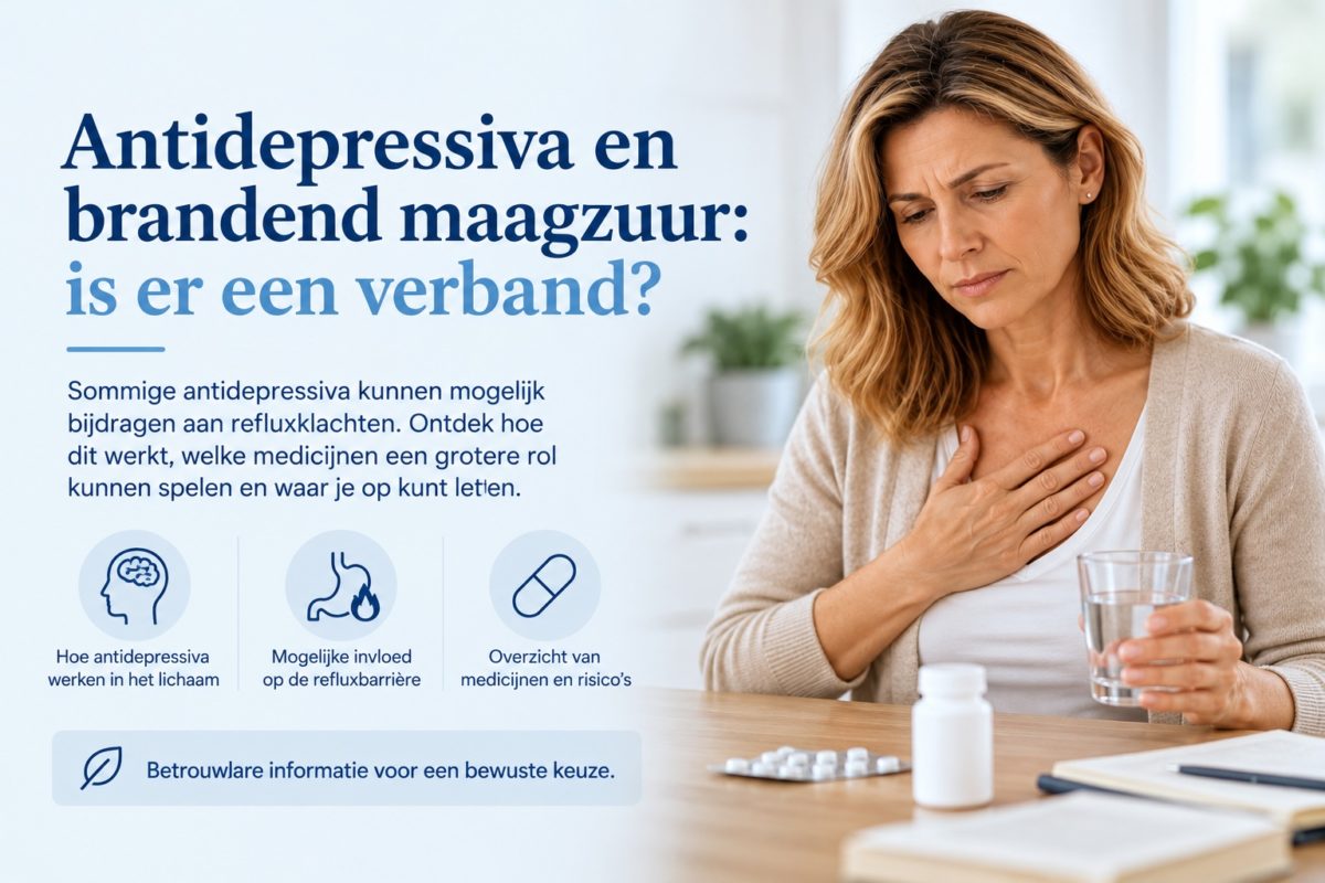 Vrouw met brandend maagzuur houdt haar hand op de borst en een glas water vast, bij een artikel over antidepressiva en refluxklachten.