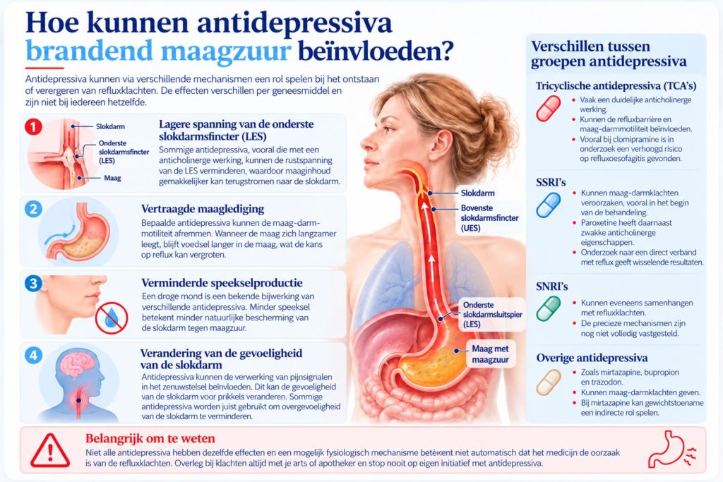 Infographic over antidepressiva en brandend maagzuur met vier mogelijke mechanismen: verminderde LES-spanning, vertraagde maaglediging, minder speeksel en veranderde slokdarmgevoeligheid.